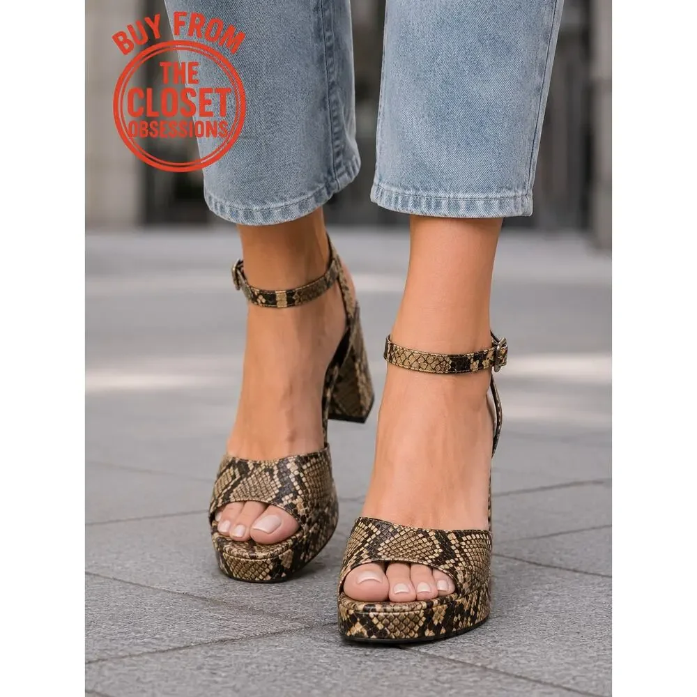 Zara NWT Snake Print Platform Block Heel Ankle Strap Sandals Size 8